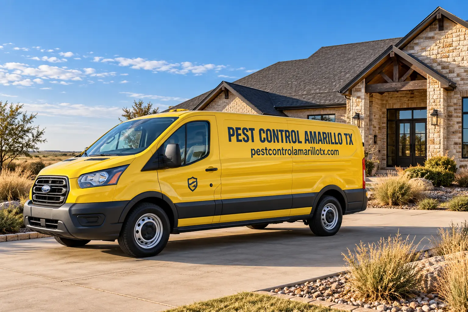 Branded Pest Control Amarillo TX van outside a home